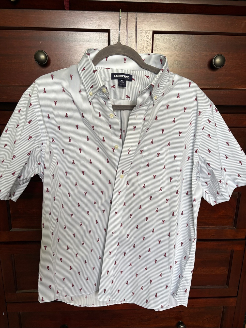 Lands' End Men’s White Short-Sleeve Button-Down Shirt with Red Motif